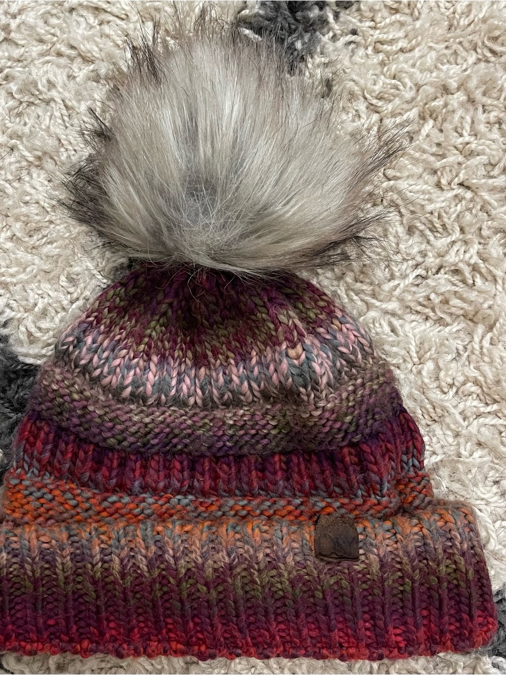 David and Young Multicolor Knit Pom Beanie in Burgundy, Purple, Green and Orange
